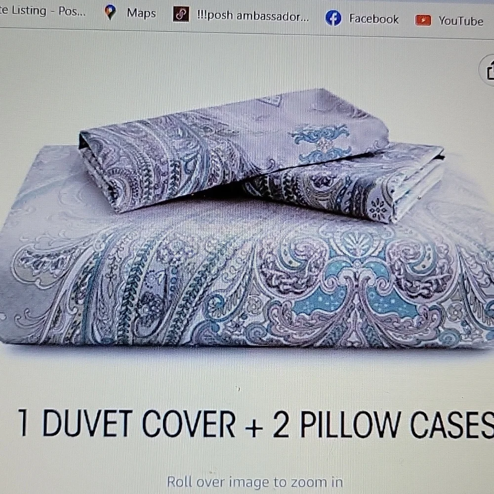 JUCFHY Duvet 1 Cover 2 shams set Queen Blue Paisley Damask 600 Thread Count New…